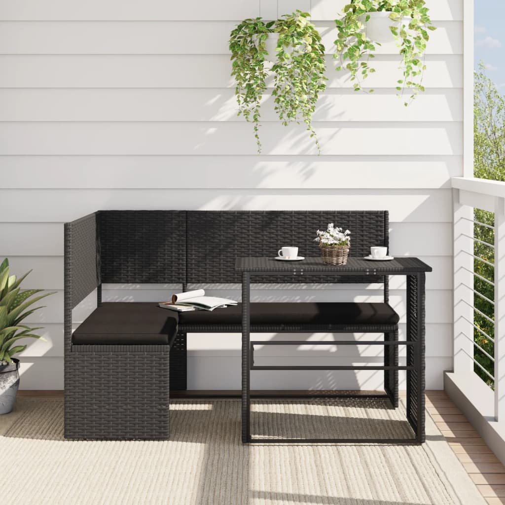 L-alakú fekete polyrattan kerti kanapé asztallal és párnával L-alakú fekete polyrattan kerti kanapé asztallal és párnával
