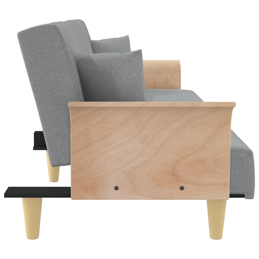 Világosszürke szövet kanapéágy karfával