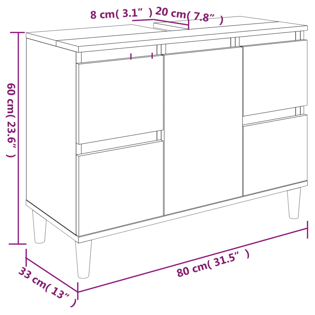 Barna tölgyszínű szerelt fa mosdószekrény 80 x 33 x 60 cm