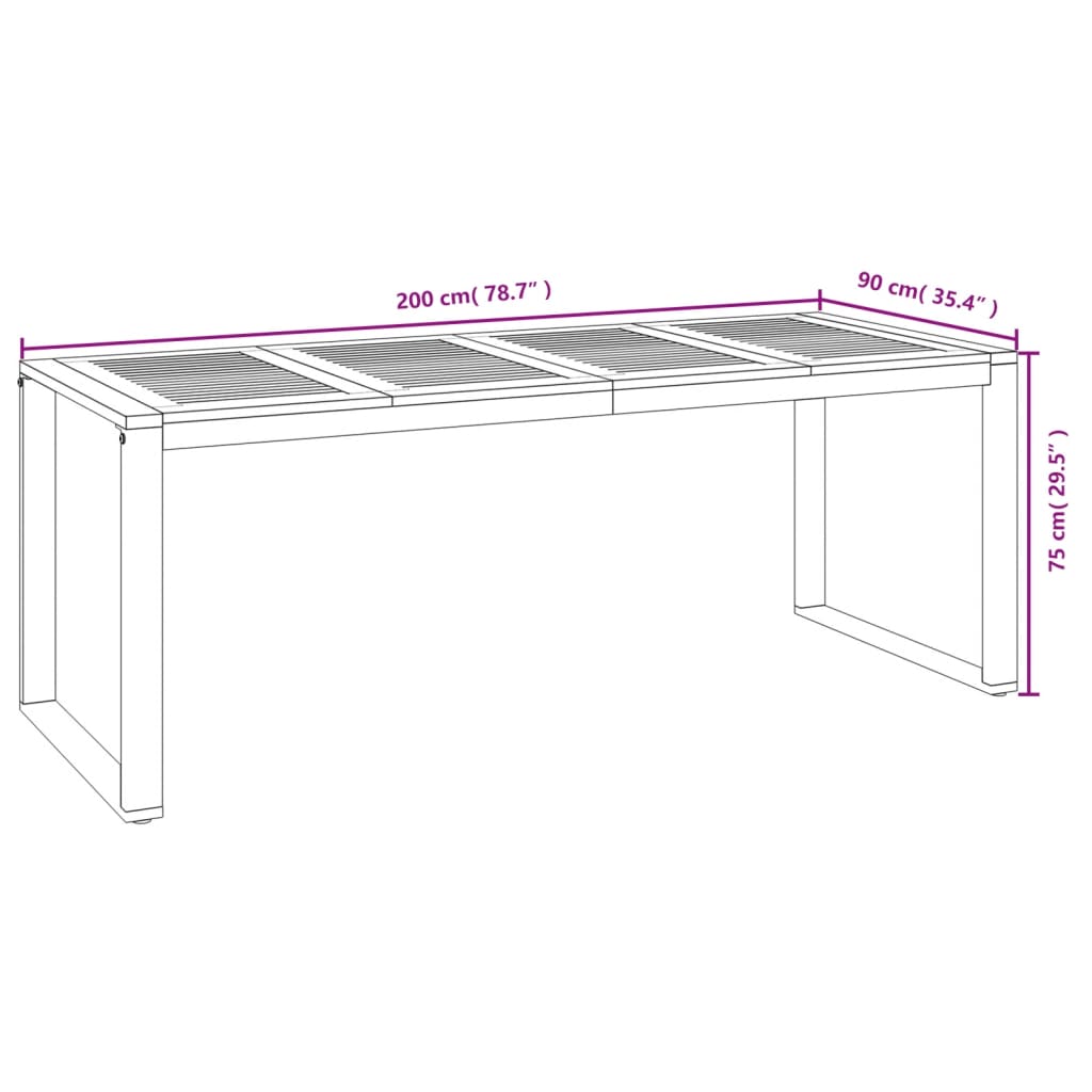 Tömör akácfa kerti asztal u-alakú lábakkal 200 x 90 x 75 cm