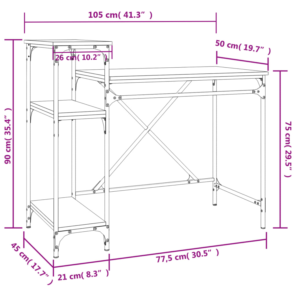 Fekete szerelt fa és vas íróasztal polcokkal 105x50x90 cm