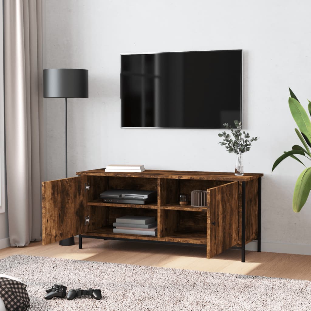 Füstös tölgyszínű szerelt fa tv-szekrény ajtókkal 102x35x45 cm