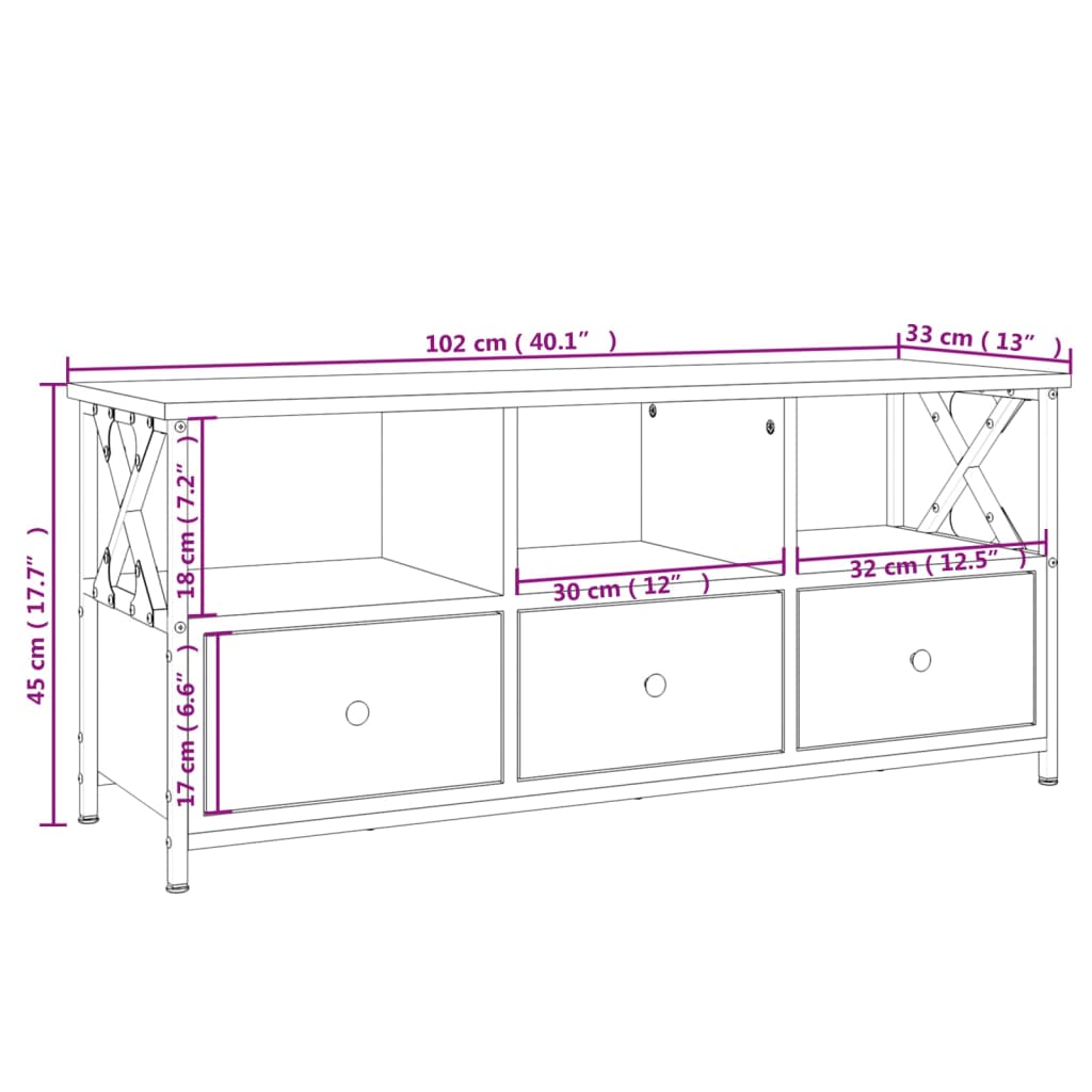 Barna tölgyszínű szerelt fa és vas tv-szekrény 102x33x45 cm Barna tölgyszínű szerelt fa és vas tv-szekrény 102x33x45 cm