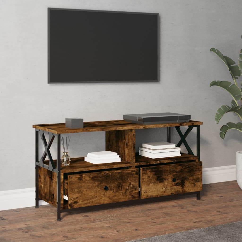 Füstös tölgyszínű szerelt fa és vas tv-szekrény 90x33x45 cm