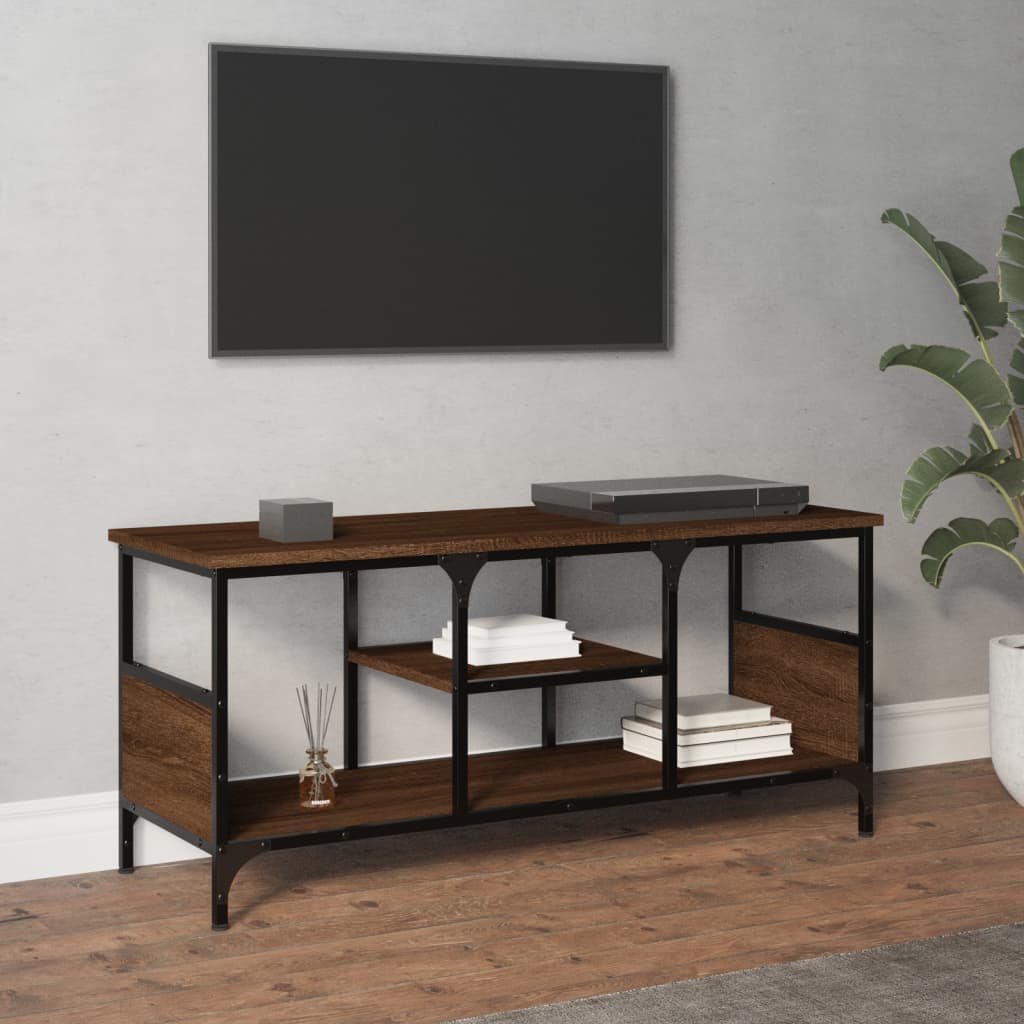 Barna tölgyszínű szerelt fa és vas tv-szekrény 100x35x45 cm