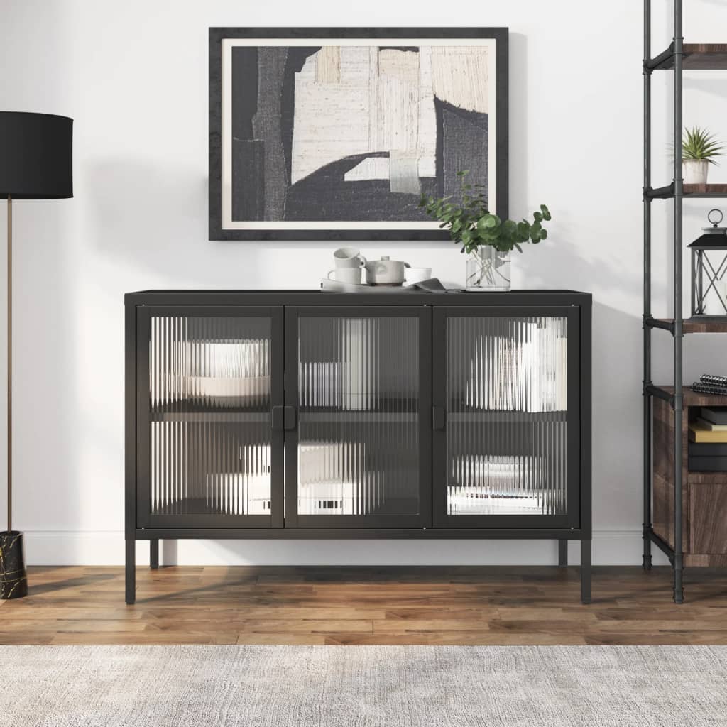 Fekete üveg és acél tálalószekrény 105 x 35 x 70 cm Fekete üveg és acél tálalószekrény 105 x 35 x 70 cm