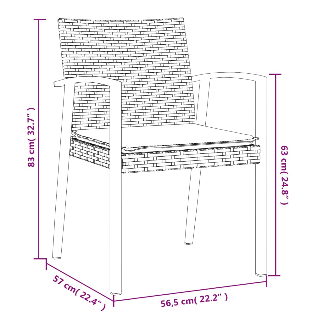 2 db fekete polyrattan kerti szék párnával 56,5 x 57 x 83 cm