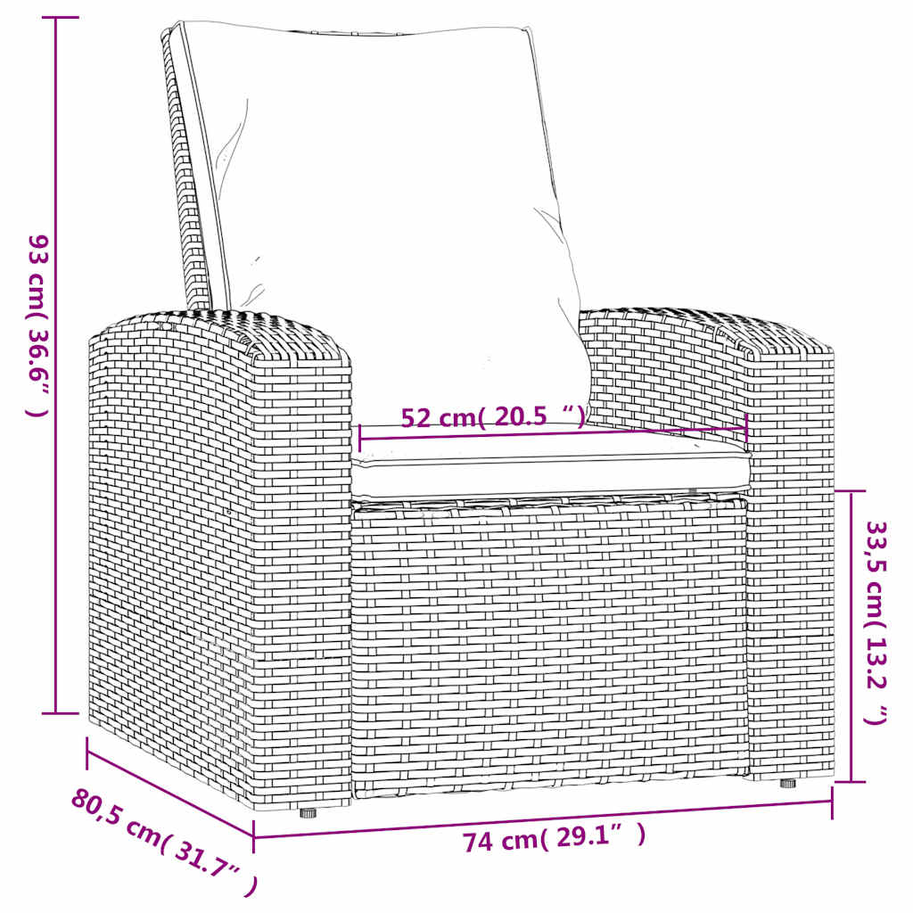 Világosbarna polyrattan dönthető kerti szék párnákkal