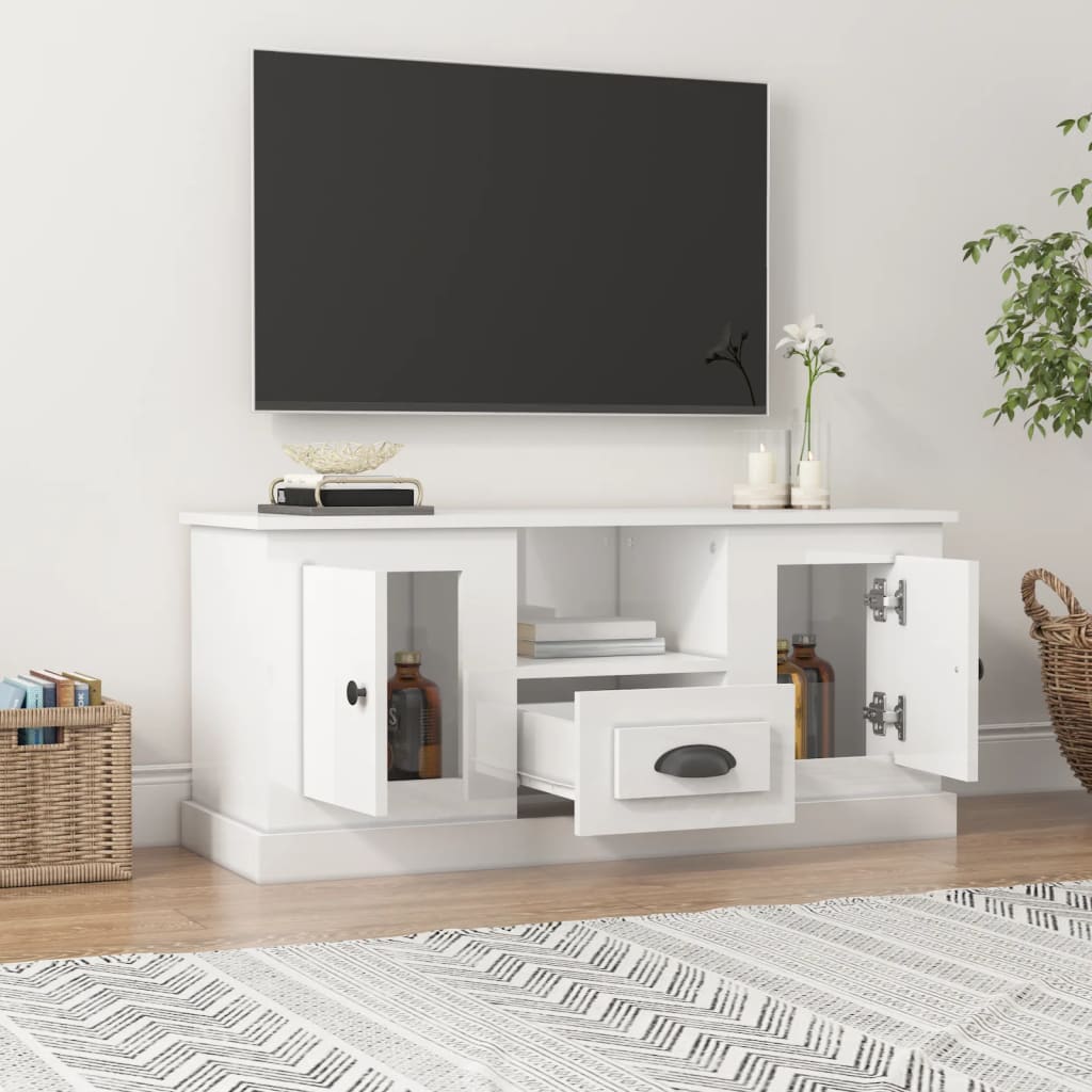Magasfényű fehér szerelt fa tv-szekrény 100 x 35,5 x 45 cm Magasfényű fehér szerelt fa tv-szekrény 100 x 35,5 x 45 cm