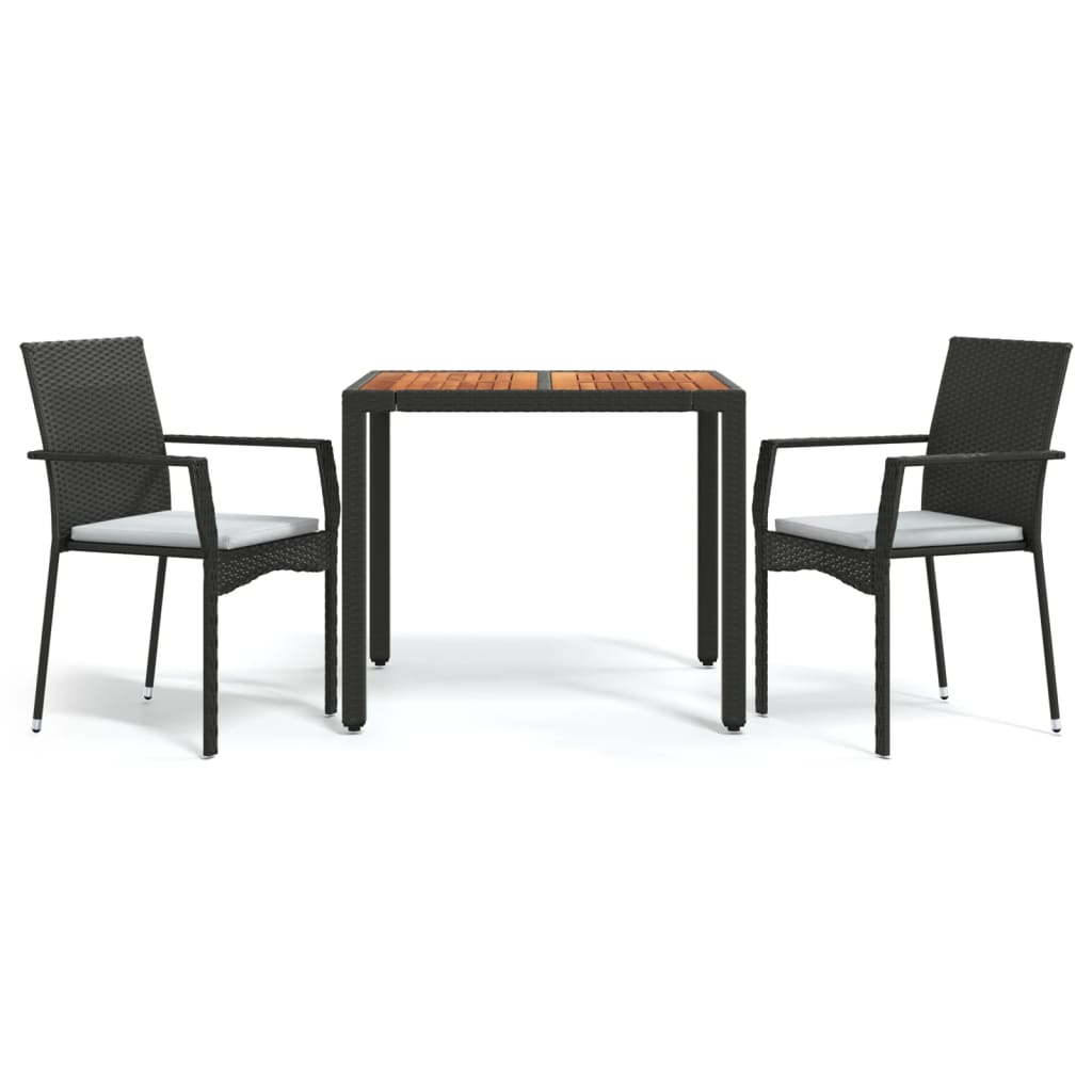3 részes fekete polyrattan kerti étkezőgarnitúra párnákkal