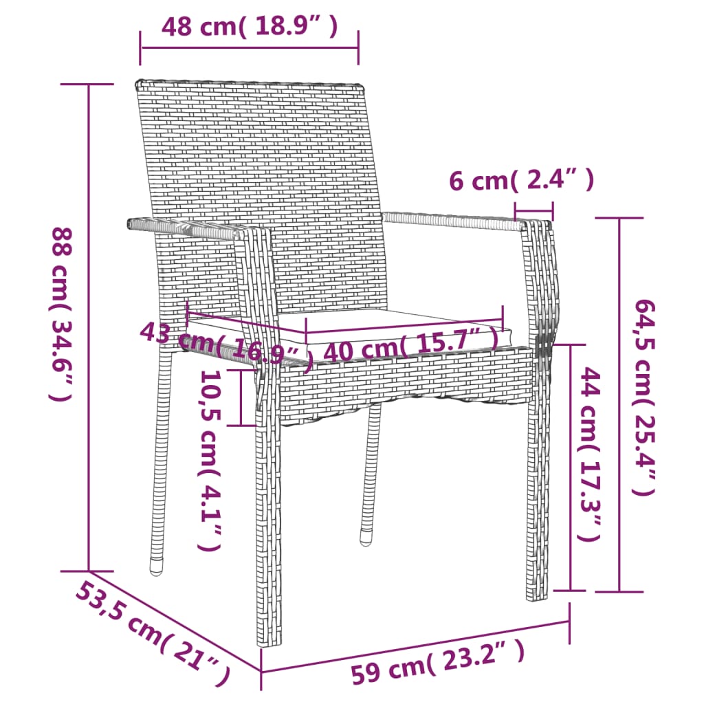 3 részes fekete polyrattan kerti étkezőgarnitúra párnákkal