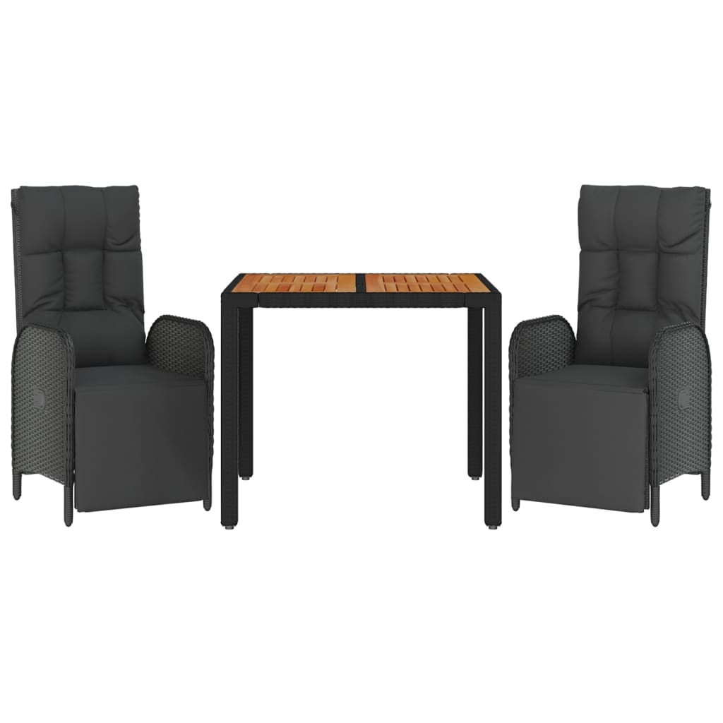 3 részes fekete polyrattan kerti étkezőgarnitúra párnákkal