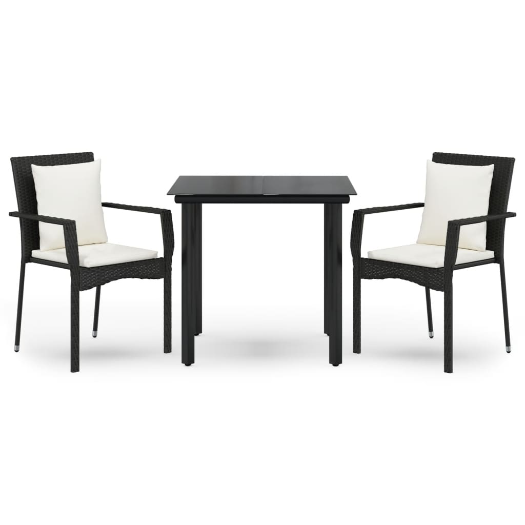3 részes fekete polyrattan kerti étkezőgarnitúra párnákkal