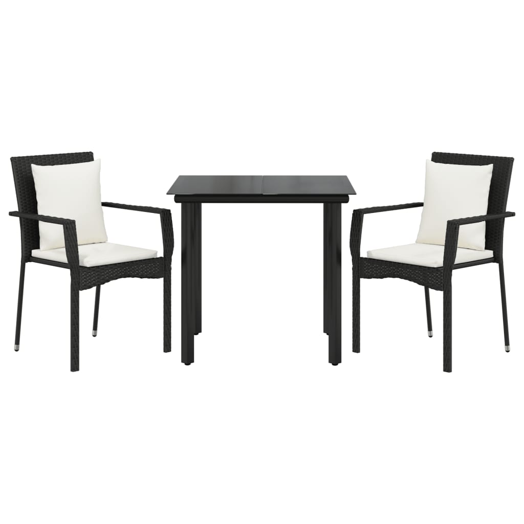 3 részes fekete polyrattan kerti étkezőgarnitúra párnákkal