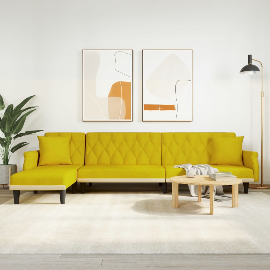Sárga l-alakú bársony kanapéágy 271x140x70 cm Sárga l-alakú bársony kanapéágy 271x140x70 cm