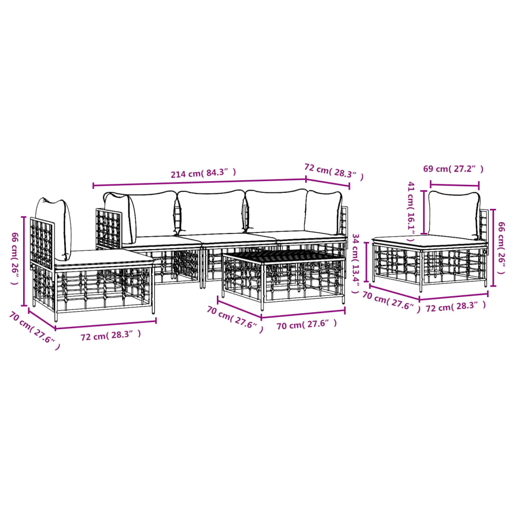 6-részes antracitszürke polyrattan kerti ülőgarnitúra párnákkal 6-részes antracitszürke polyrattan kerti ülőgarnitúra párnákkal