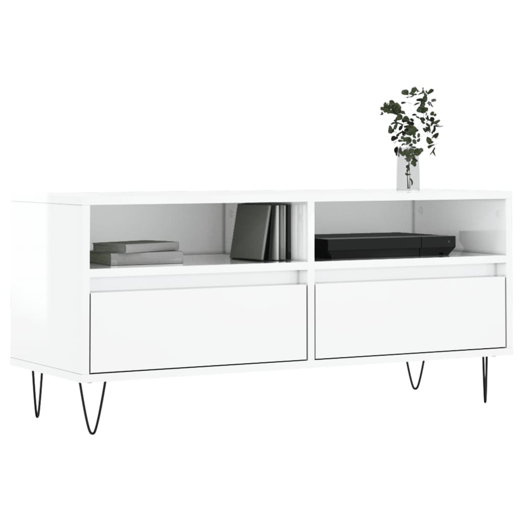 Magasfényű fehér szerelt fa tv-szekrény 100 x 34,5 x 44,5 cm