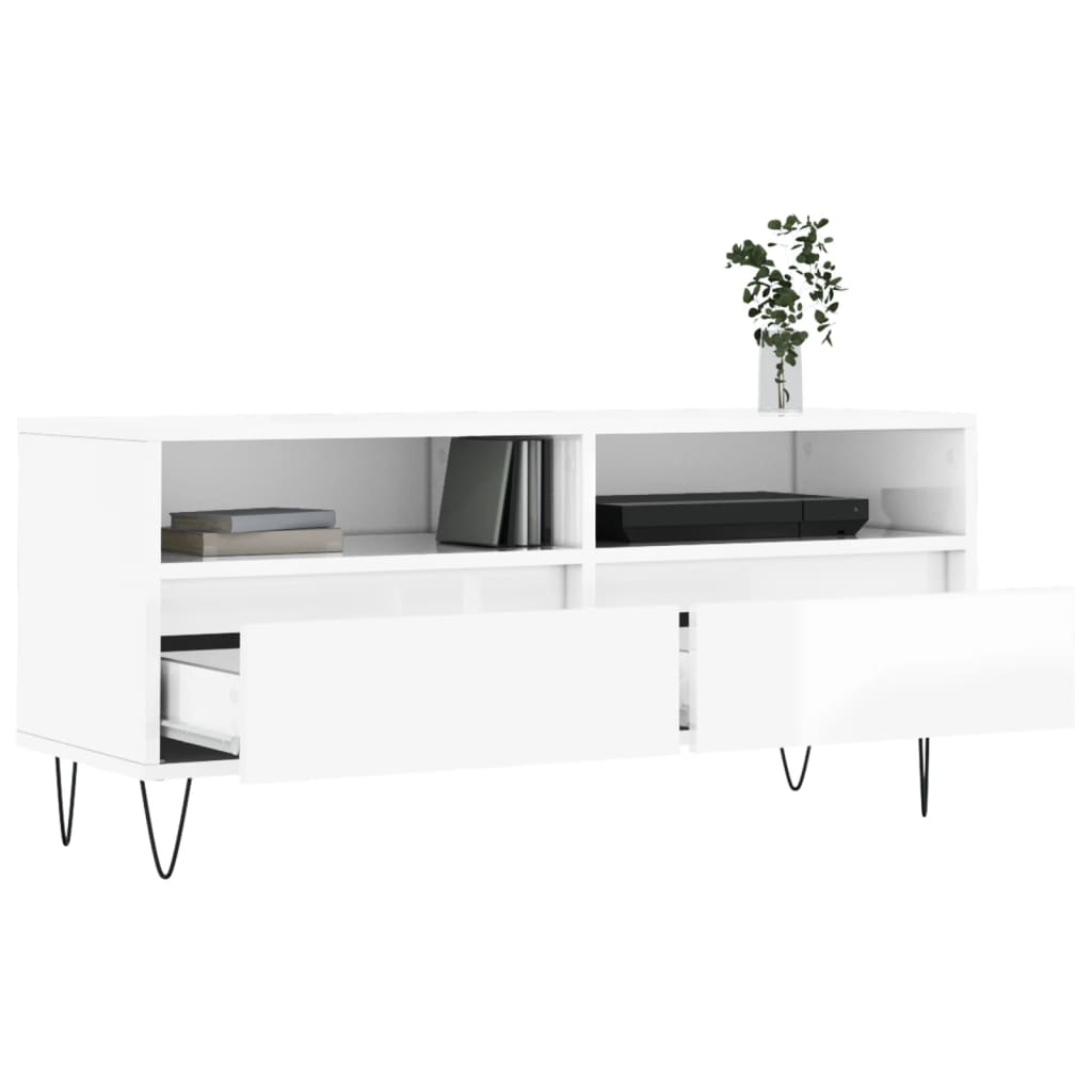 Magasfényű fehér szerelt fa tv-szekrény 100 x 34,5 x 44,5 cm