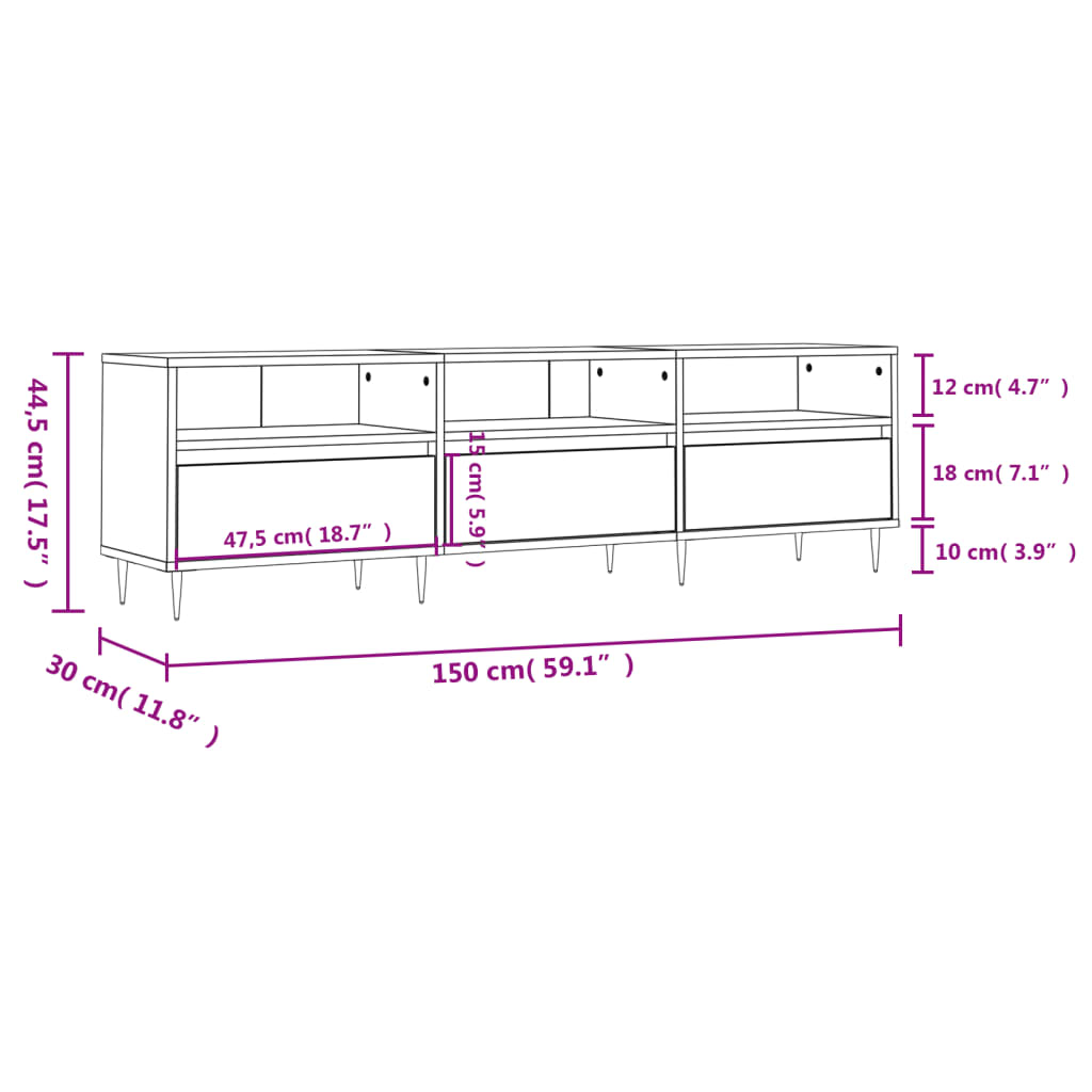 Betonszürke szerelt fa tv-szekrény 150x30x44,5 cm