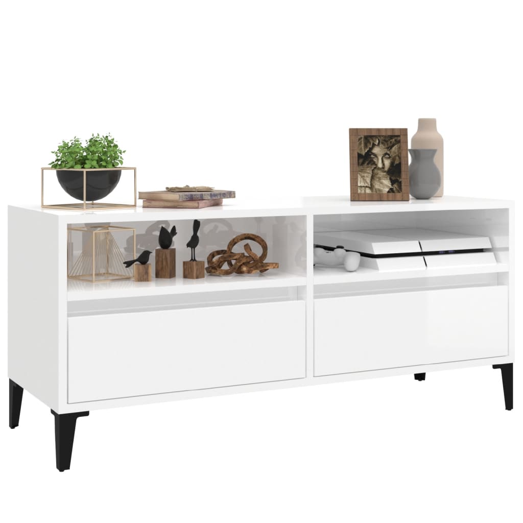Magasfényű fehér szerelt fa tv-szekrény 100 x 34,5 x 44,5 cm