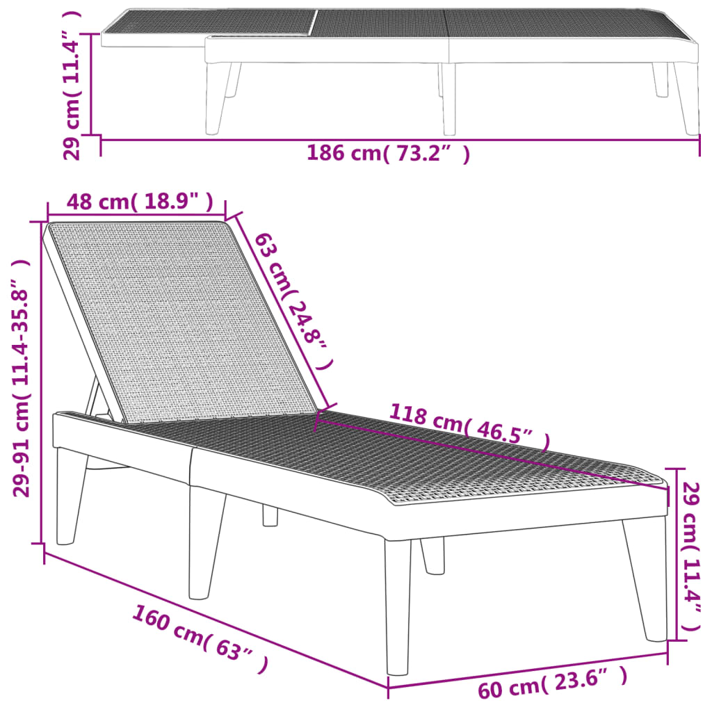 Antracitszürke pp napozóágy 186 x 60 x 29 cm