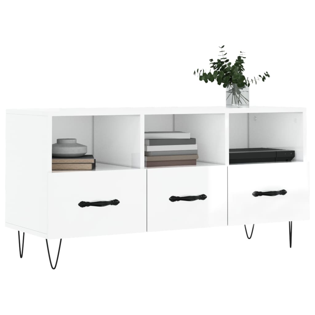 Fehér magasfényű szerelt fa tv-szekrény 102x36x50 cm