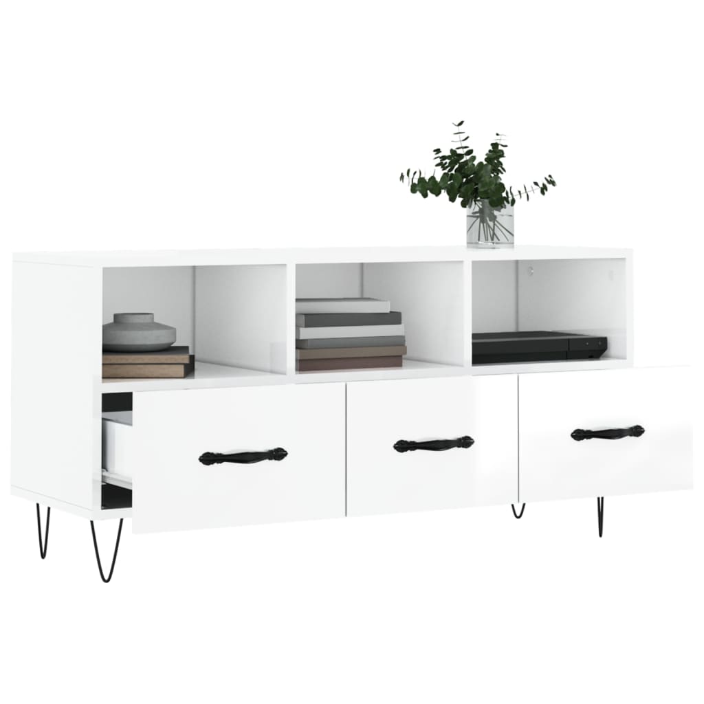 Fehér magasfényű szerelt fa tv-szekrény 102x36x50 cm