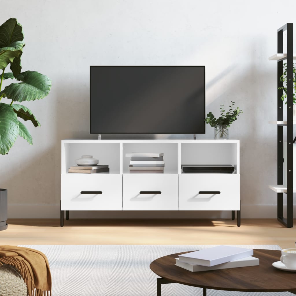 Fehér magasfényű szerelt fa tv-szekrény 102x36x50 cm Fehér magasfényű szerelt fa tv-szekrény 102x36x50 cm