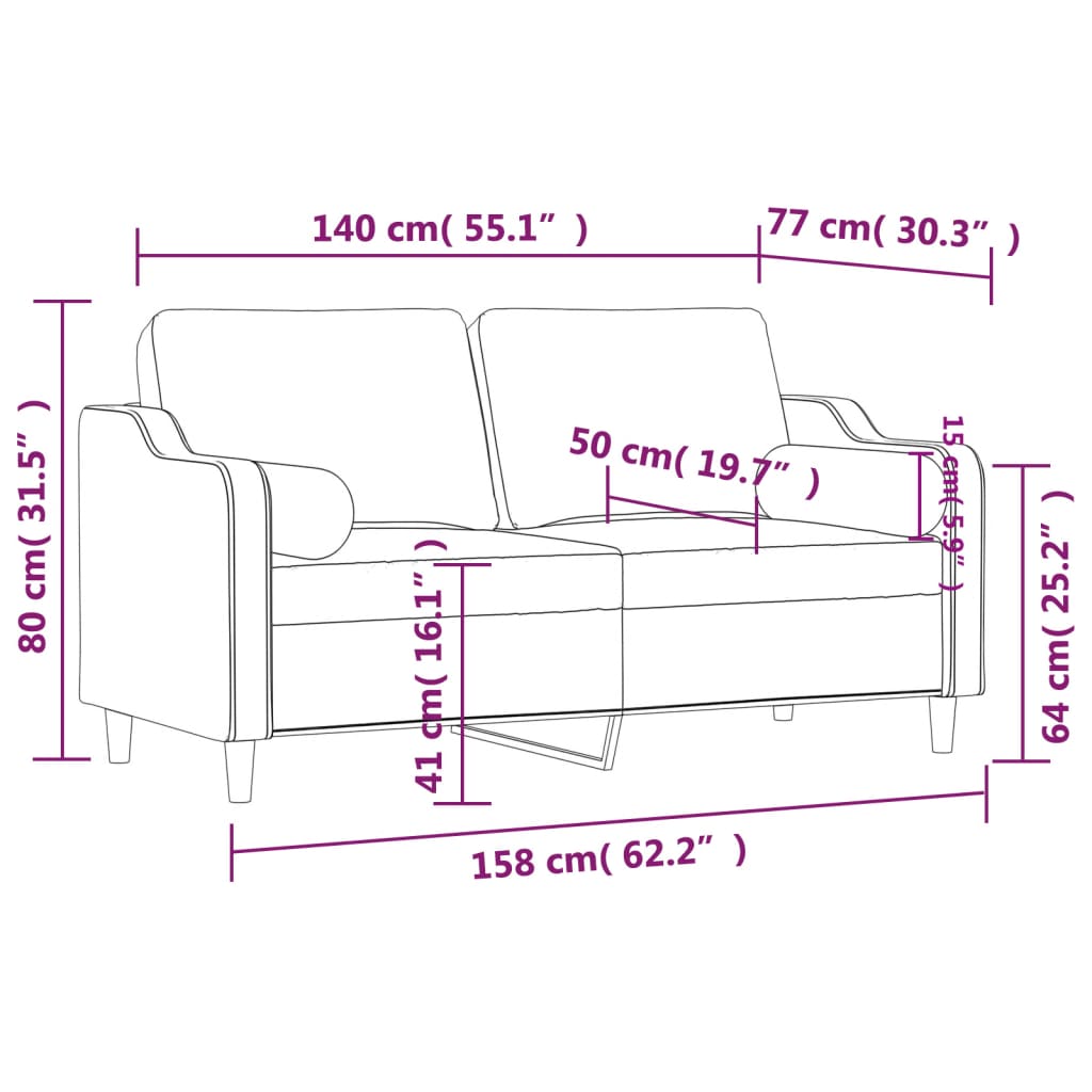 2 személyes fekete szövet kanapé díszpárnákkal 140 cm