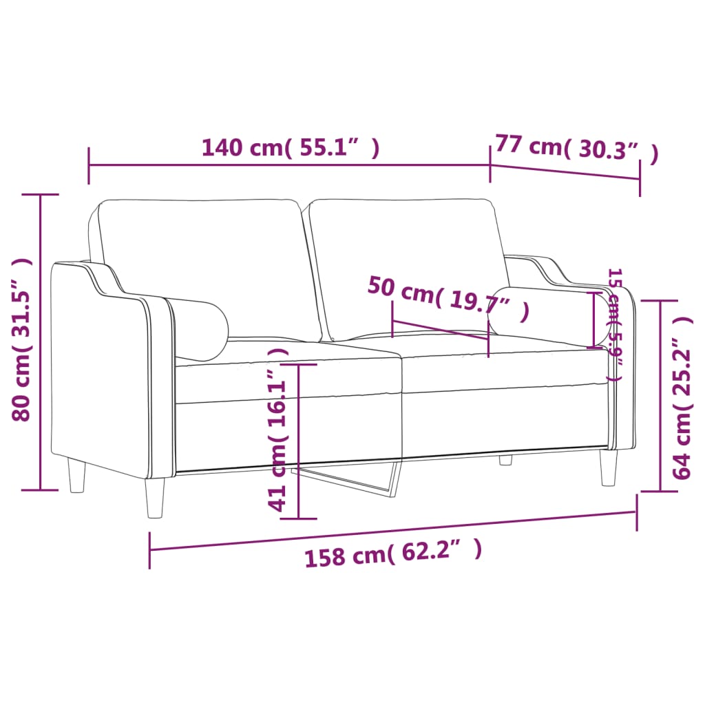 2 személyes tópszínű szövet kanapé díszpárnákkal 140 cm