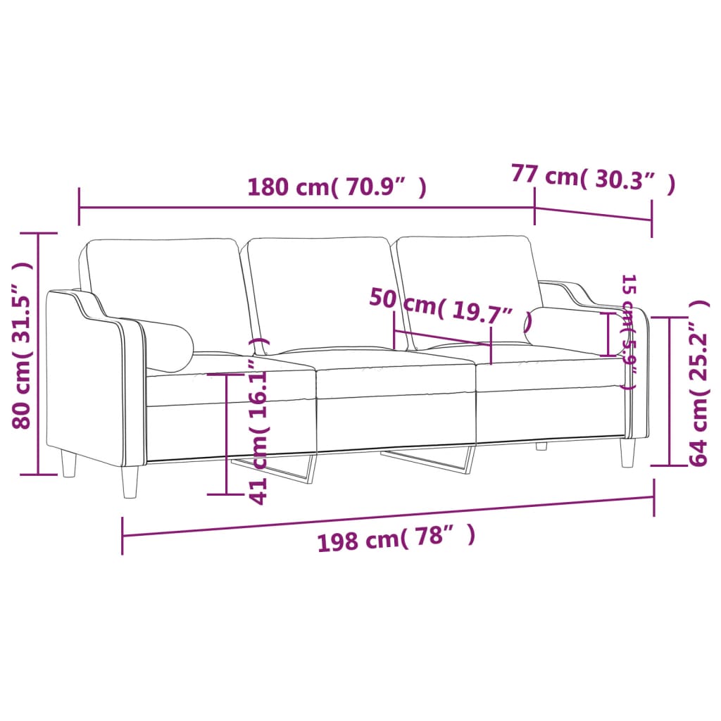 3 személyes fekete szövet kanapé díszpárnákkal 180 cm