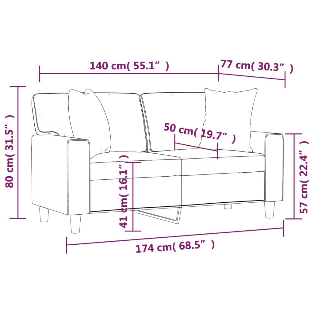 2 személyes cappuccino színű műbőr kanapé díszpárnákkal 140 cm