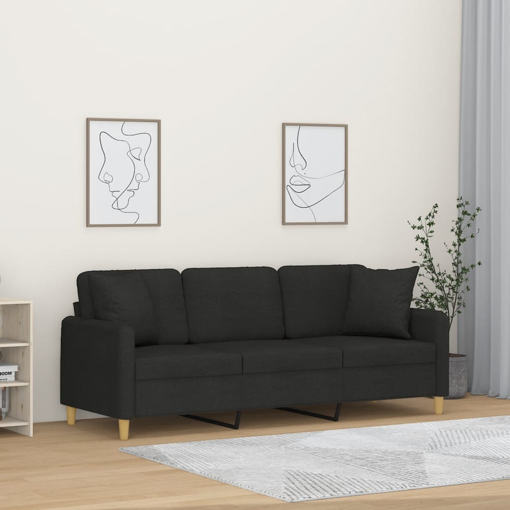 3 személyes fekete szövet kanapé díszpárnákkal 180 cm 3 személyes fekete szövet kanapé díszpárnákkal 180 cm