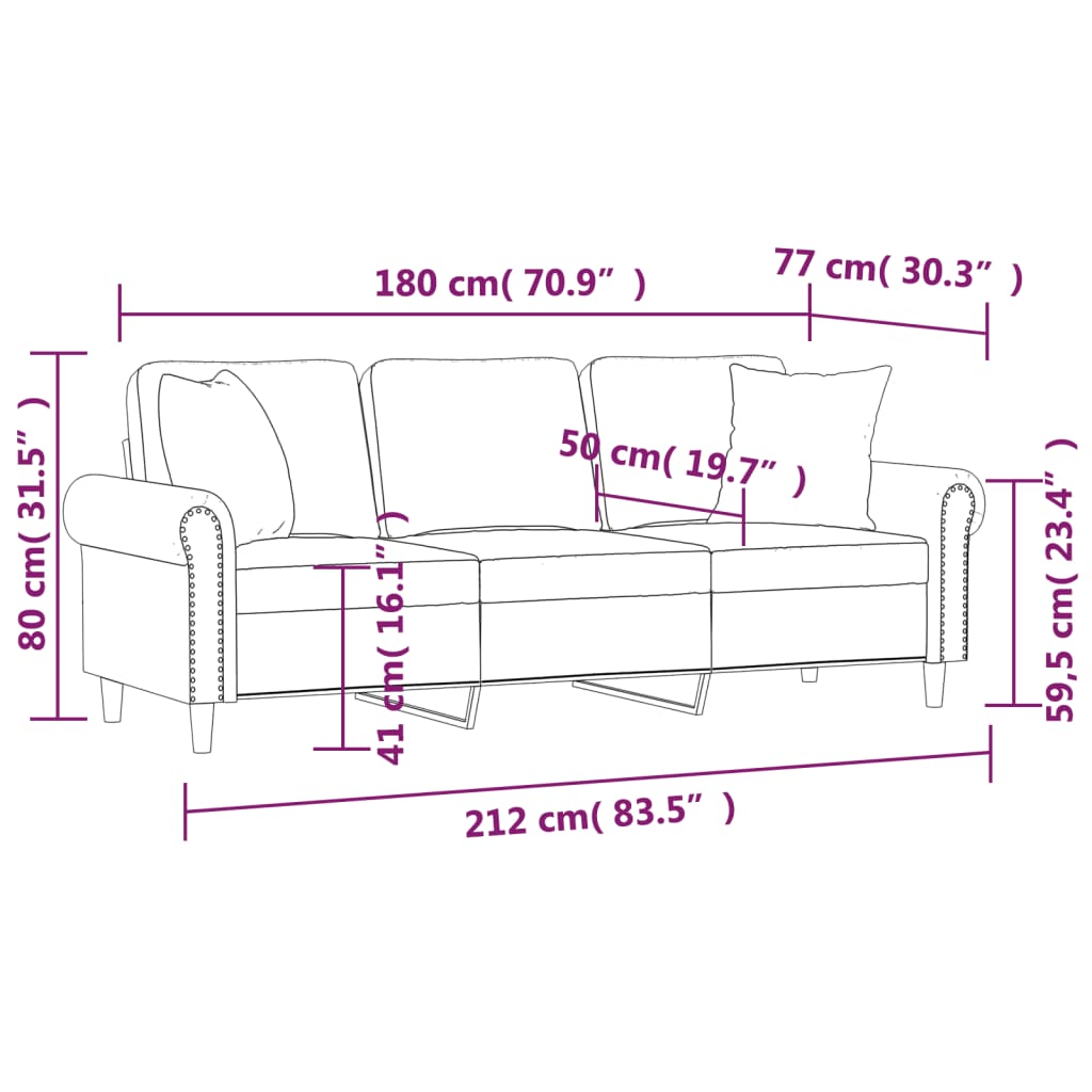 3 személyes rózsaszín bársony kanapé díszpárnákkal 180 cm
