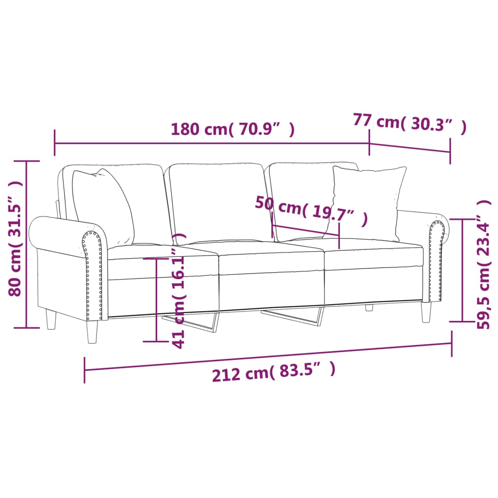 3 személyes fekete bársony kanapé díszpárnákkal 180 cm