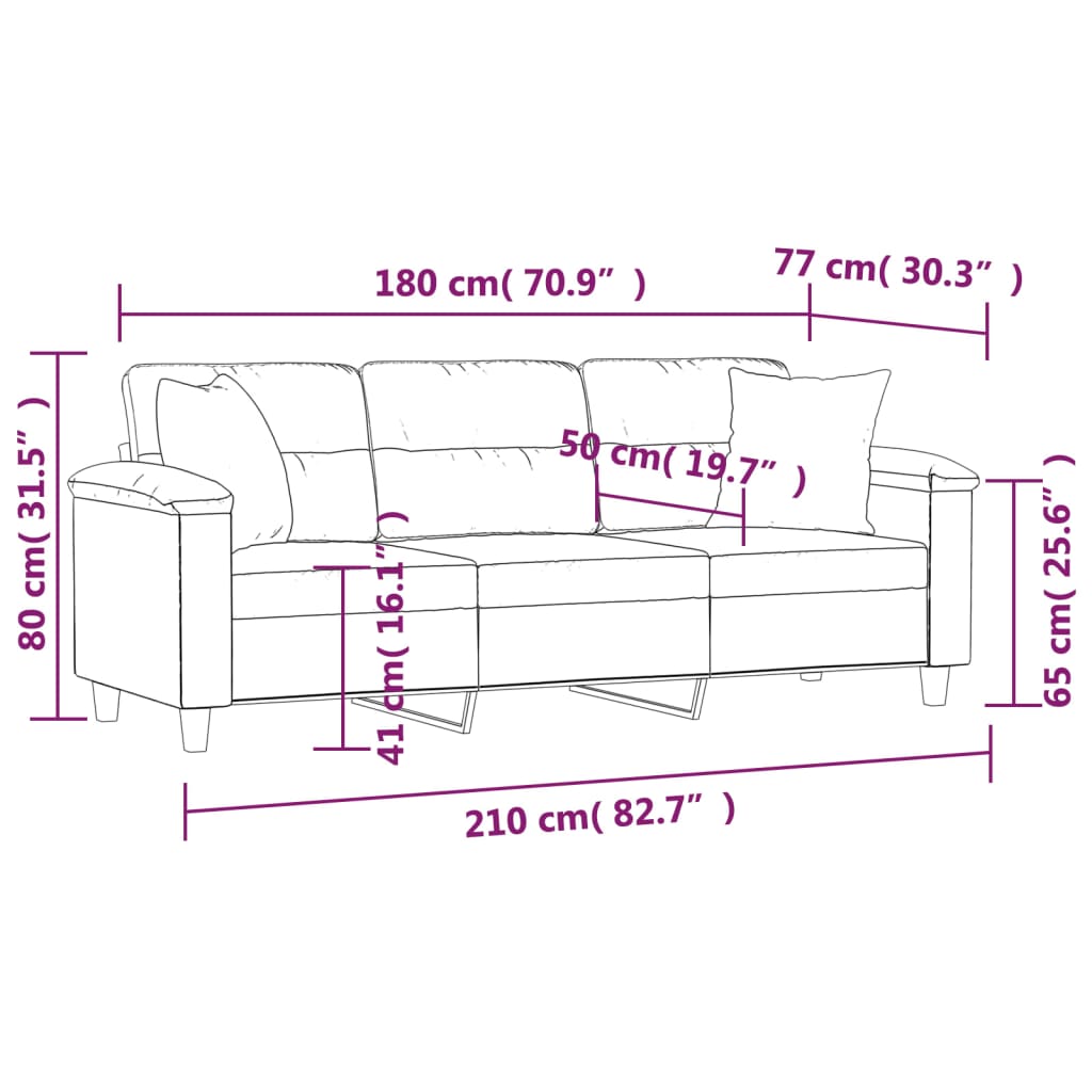 3 személyes fekete mikroszálas szövetkanapé párnákkal 180 cm