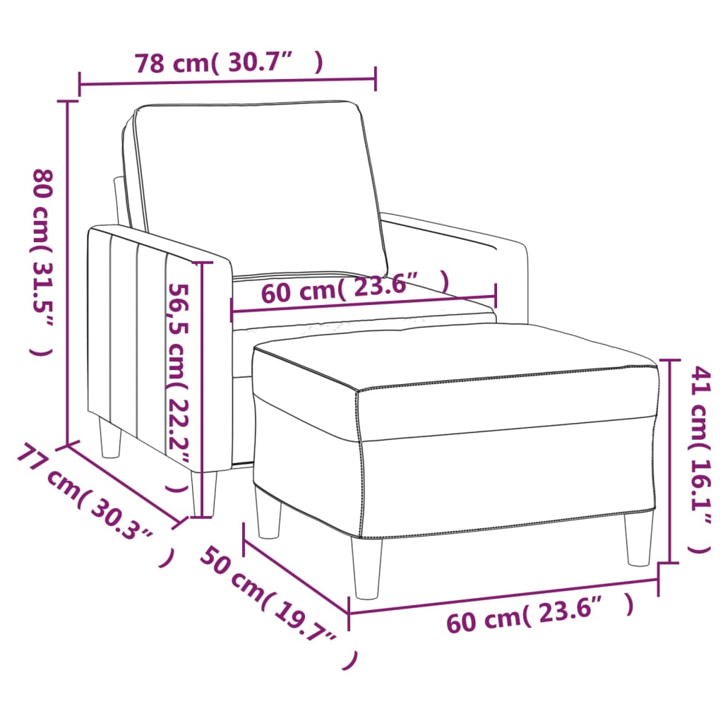 Fekete bársony kanapéfotel lábtartóval 60 cm