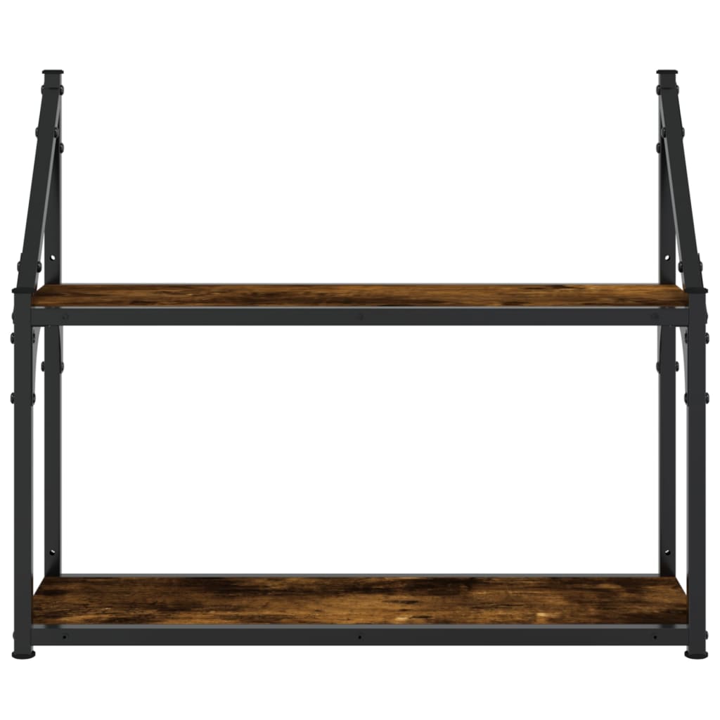 2 szintes füstös tölgy színű szerelt fa fali polc 60x21x51 cm