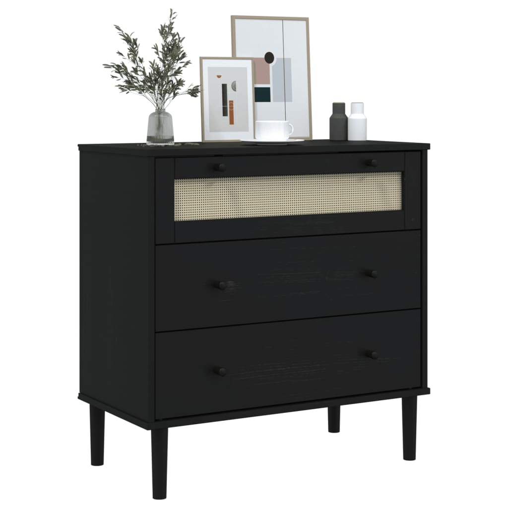 Senja fekete rattan hatású tömör fenyőfa komód 80 x 40 x 80 cm