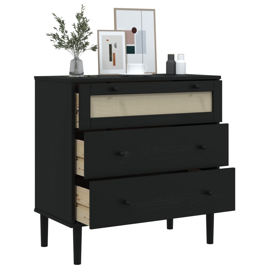 Senja fekete rattan hatású tömör fenyőfa komód 80 x 40 x 80 cm