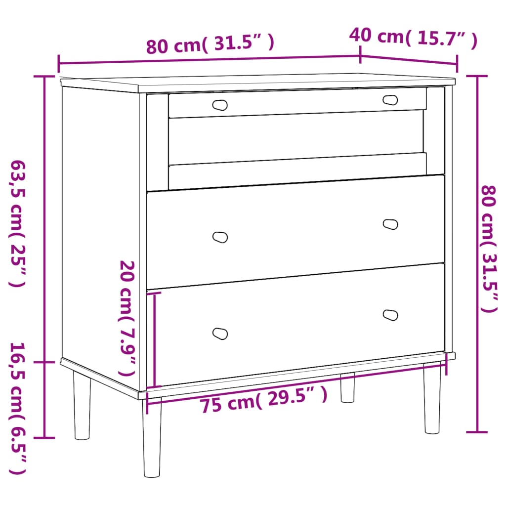 Senja fekete rattan hatású tömör fenyőfa komód 80 x 40 x 80 cm