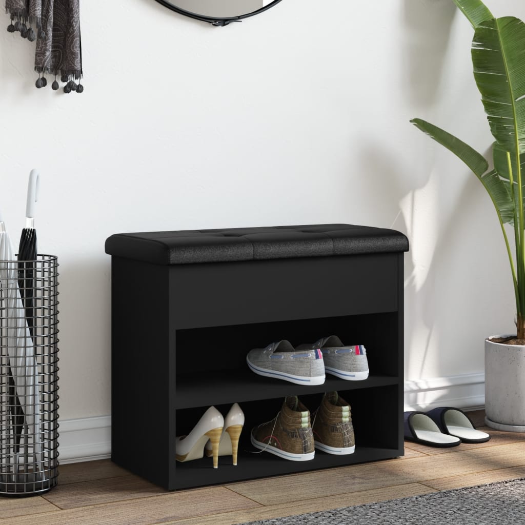 Fekete szerelt fa cipőtároló pad 62 x 32 x 50 cm