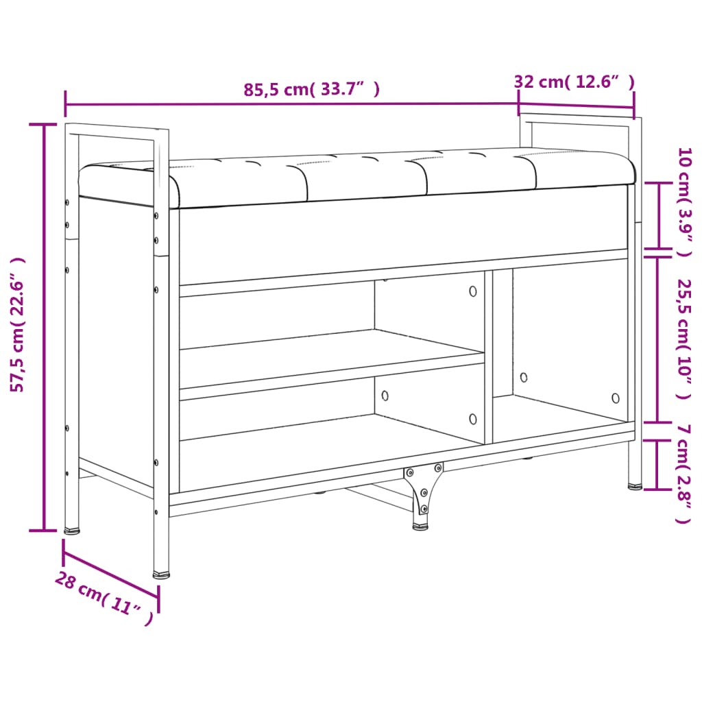 Barna tölgy színű szerelt fa cipőtároló pad 85,5 x 32 x 57,5 cm