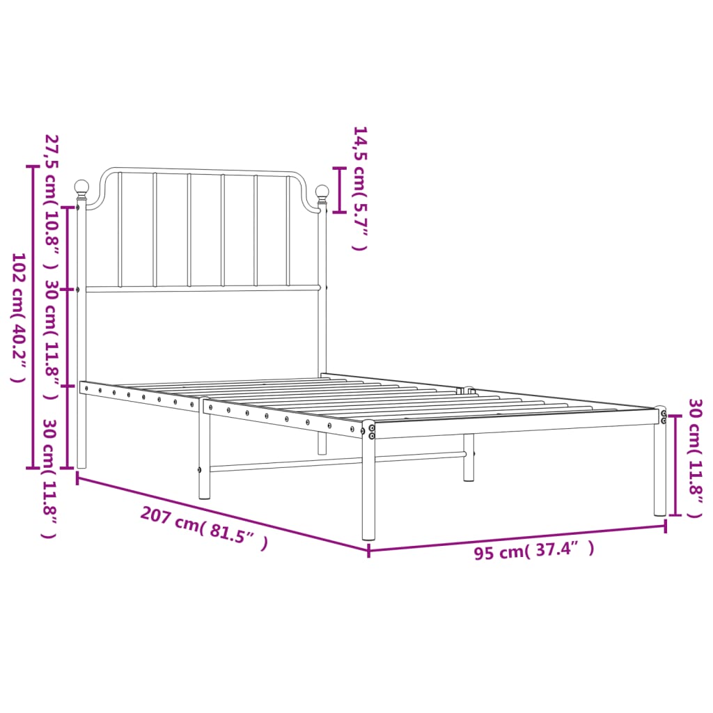 Fekete fém ágykeret fejtámlával 90 x 200 cm Fekete fém ágykeret fejtámlával 90 x 200 cm