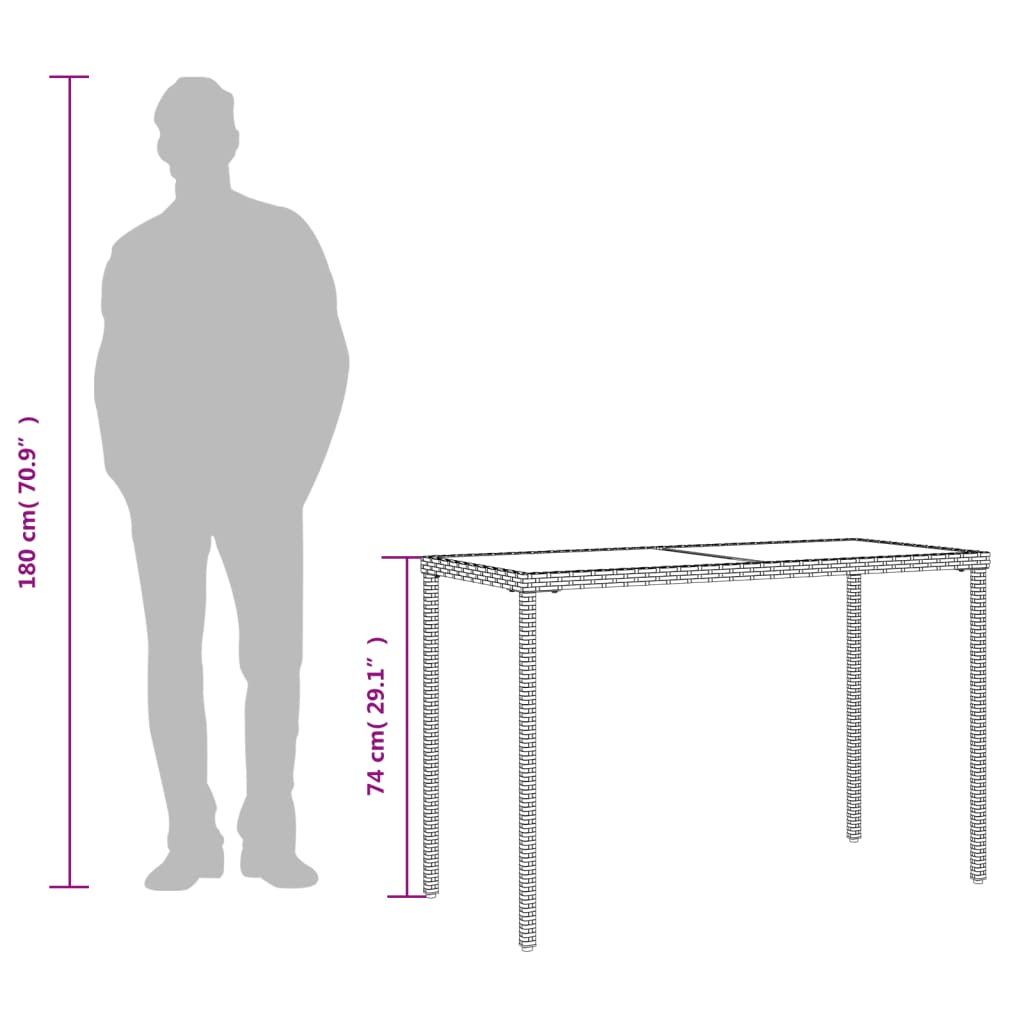 Szürke polyrattan üveglapos kerti asztal 115x54x74 cm
