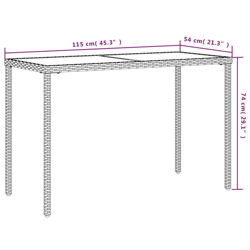 Szürke polyrattan üveglapos kerti asztal 115x54x74 cm