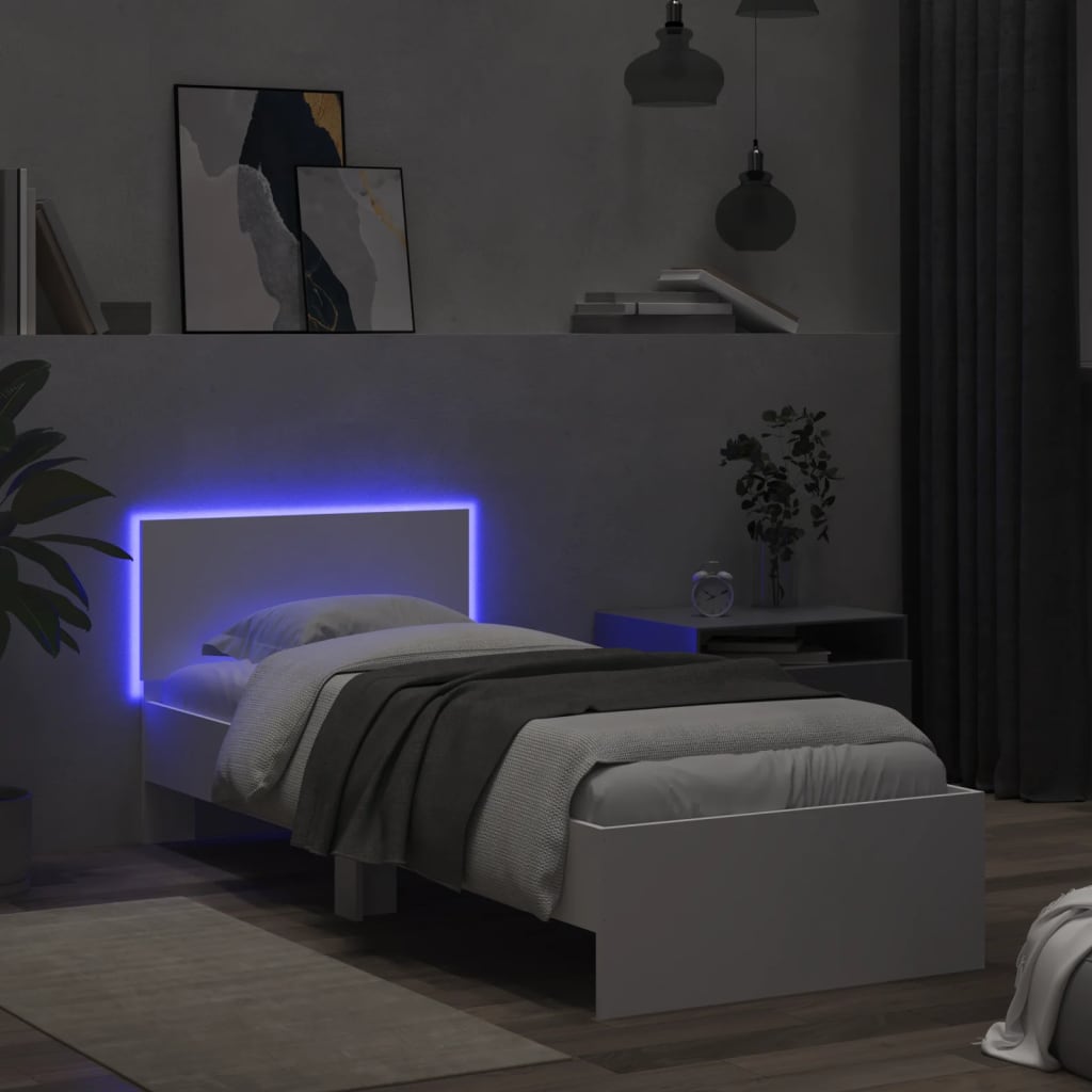 Fehér ágykeret fejtámlával és led-világítással 90 x 200 cm