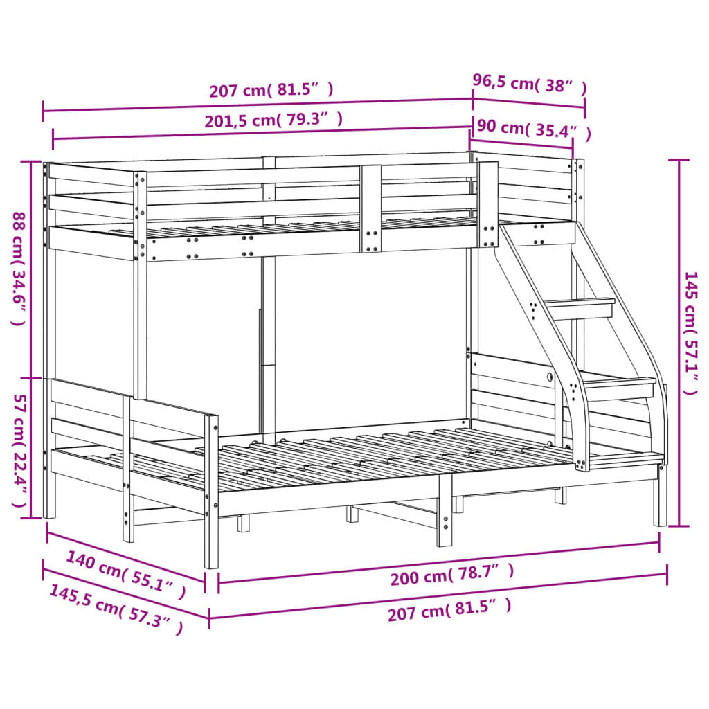 Tömör fenyőfa emeletes ágy 90x200/140x200 cm Tömör fenyőfa emeletes ágy 90x200/140x200 cm