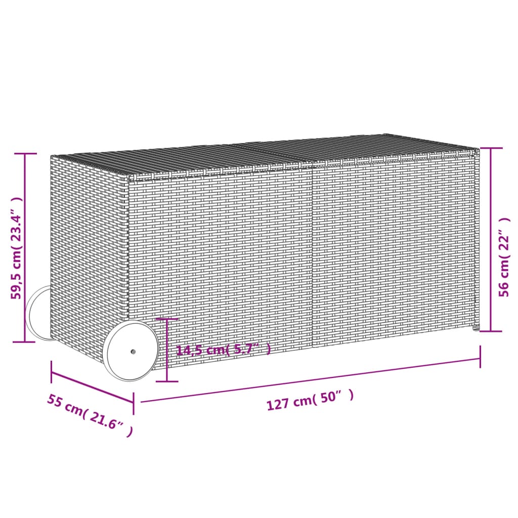 Szürke polyrattan kerti tárolóláda kerekekkel 283 l