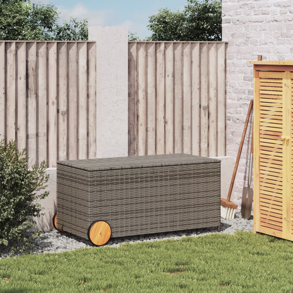 Szürke polyrattan kerti tárolóláda kerekekkel 190 l